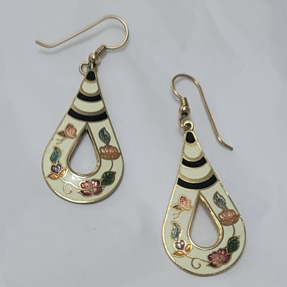Vintage Cloisonne Floral Drop Earrings